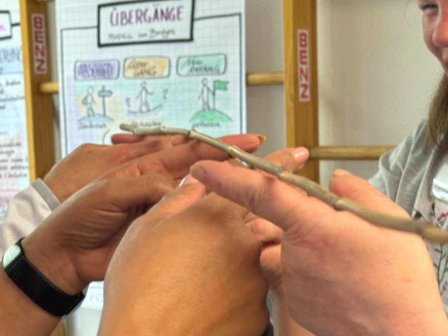 Mehrere Hände balancieren gemeinsam einen Stab vor dem Flipchart Übergänge – Teamübung aus einem Workshop